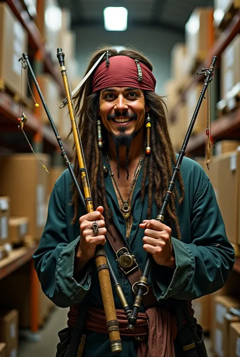 Create an image of Jack Sparrow, who is standing in front of a lot of packages and has several fishing rods and fishing equipment in his hand. 
Jack Sparrow is said to be in a returns warehouse for fishing equipment.
He should laugh in a friendly manner.  ...