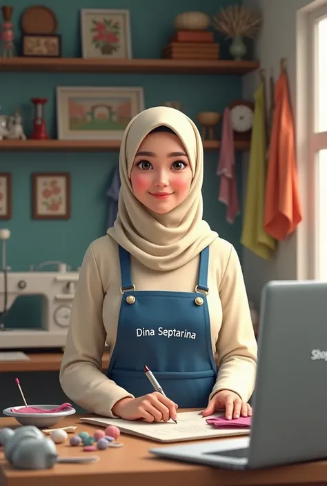 a young woman wearing a hijab who is in a sewing room. The woman wore a cream-colored hijab and clothes with a blue apron with the words "DINA SEPTARINA" on the front. In front of him is a LAPTOP with the words "SHOPEE," indicating that this is a local pro...