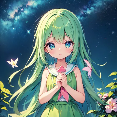 Cute characters、(((Highest quality、Masterpiece、Super detailed、S composition、X Composition、Triangular composition、Square Composition)))、Green Grass々Drawing plumeria flowers flying over the water、I look up at the starry sky。Surround her with colorful nebulae...