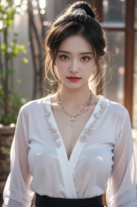 1 beautiful girl in Hanfu costume, ((white thin purple silk shirt with a lot of texture)), white lace top, long purple platinum ponytail Hair, Jewelry, ear jewelry, necklaces and necklaces, carefully drawn big purple eyes, makeup careful, thin eyebrows, hi...