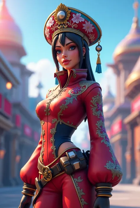 full length fortnite style girl, in Russian costume, but modern, in a kokoshnik