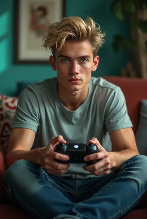 Handsome man with blond hair and green eyes sitting and playing at the Xbox 