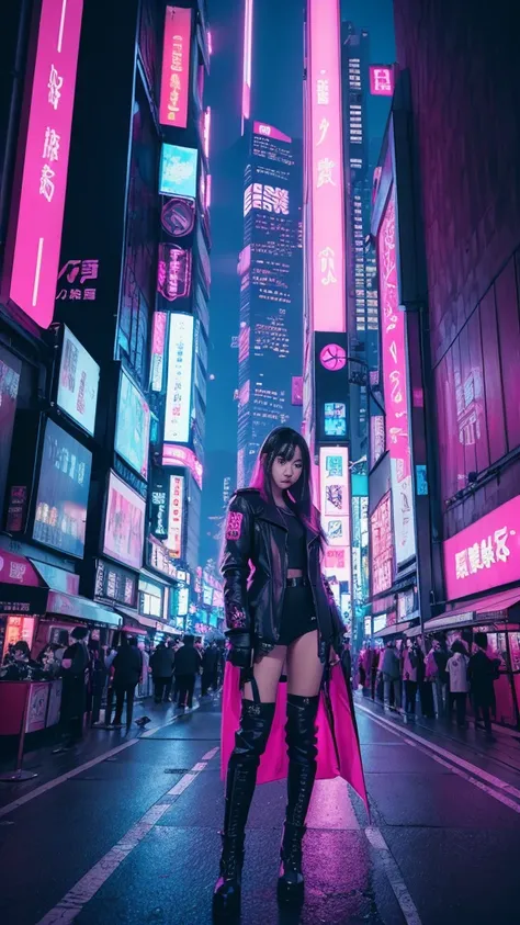 Future Cyberpunk City Tokyo Ready,The background is pink neon all over. Long hair., solo, Black Hair, A strong atmosphere