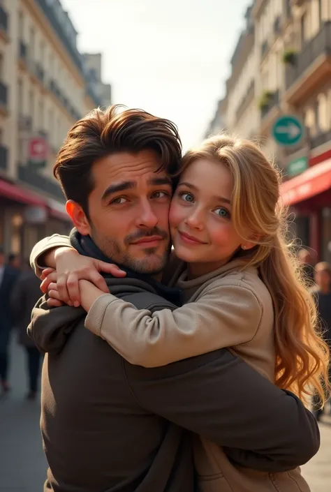 Blonde girl  blue eyes hugging her father dark brown hair and brown eyes on the streets of Paris 8k ultrarealistic photorealistic 