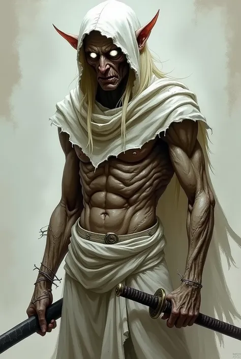 Mummified male elf wearing a white hooded robe from which his ears spill out, He wields a katana and in place of his eyes there are two small, discreet, almost imperceptible, luminous white orbs. Your skin is wrinkled and your belly muscles that also appea...