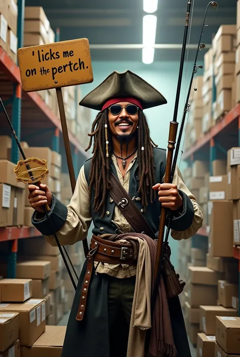 Create an image of Jack Sparrow, who is standing in front of a lot of packages and has several fishing rods and fishing equipment in his hand. 
Jack Sparrow is said to be in a returns warehouse for fishing equipment.
He should laugh in a friendly manner.  ...