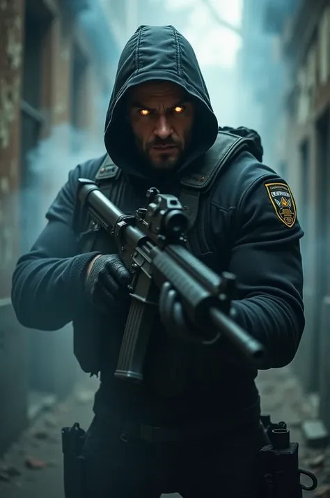 A man wearing a black tactical army uniform, gripping a firearm,occupying the frame with the eerie backdrop of an ancient house,camera captures wide shot,showing intense expression,angry subject and glowing orange eyes that seem to pierce the darkness,smok...