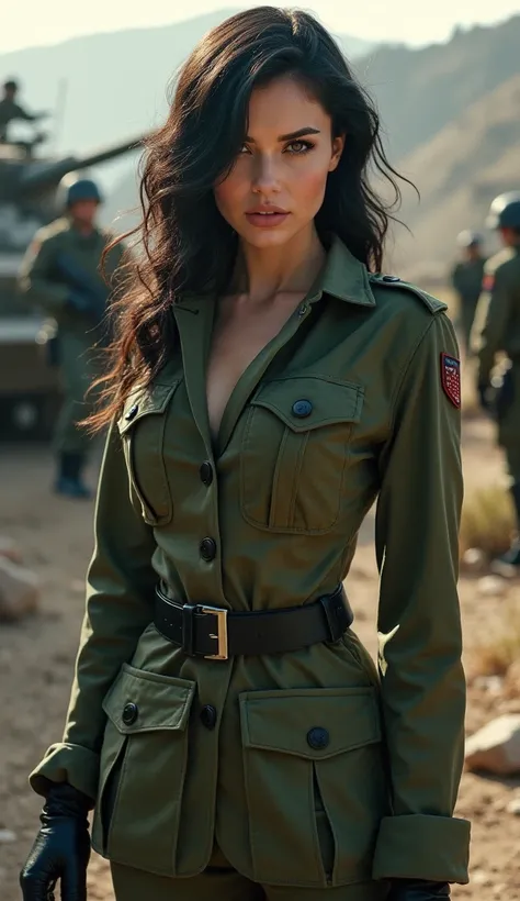 a sexy female soldier, wearing a sexy soldiers uniform, battlefield background, sexy pose, very detailed, very accurate, 4k quality, beautiful lighting, bokeh, beautiful face, awesome lips, black dark hair, very detailed eyes