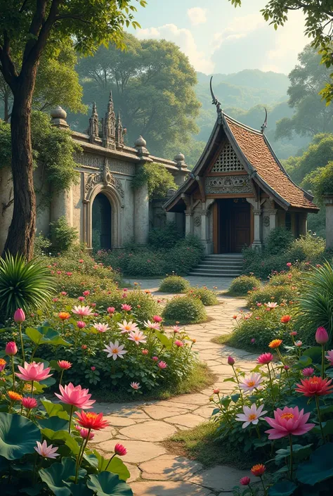 Flower garden in the Ayutthaya period next to an old, dilapidated hut