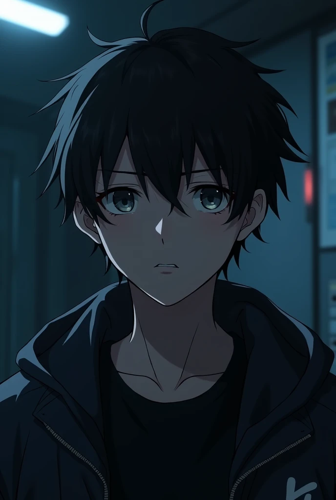 Anime boy, cyberpunk, in room, from head to waist ,boy, logo, black hair, looking smart, for dp,
Young