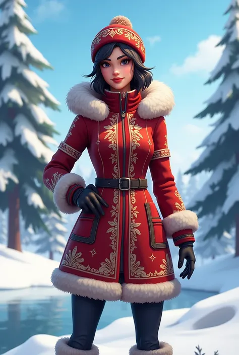 full length fortnite style girl, in a Russian winter suit, in national style