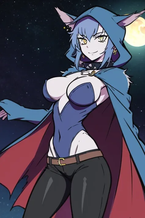 Wolfie, hells, 1girl, leather trouser pants, leather bodysuit, earring, blue hair, furry character, spike collar, yellow eyes, Masterpiece, Best Quality, spiral breasts, cape, hooded cloak, hood up, light smile, pantyhose, depth of field, night sky