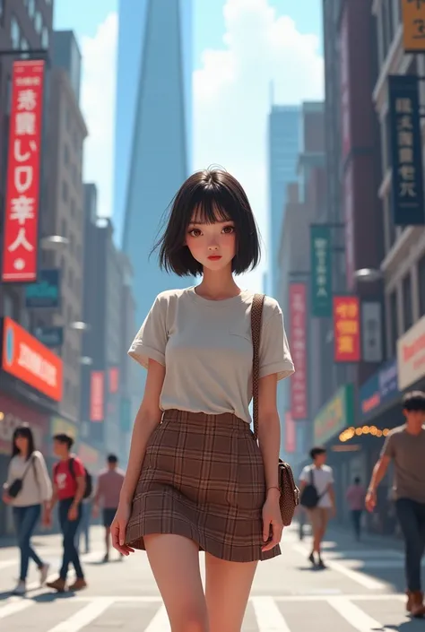 "I am walking around New York, wearing a short brown plaid skirt with no floral patterns,  short sleeved t-shirt, mini bag, and boots, while looking at the camera."

Im asian