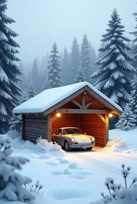 Generate me a best quality image for a car shelter in snow which will be printed in the delivery truck