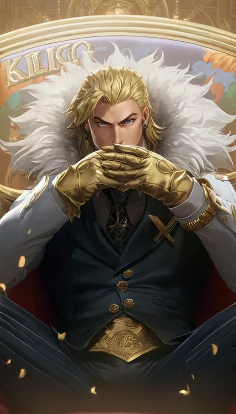 a close up of a person sitting on a chair with a glove on, casimir art, dio brando, xqc, guilty gear strive splash art, league of legends character, alucard, artgrem, key anime art, god king of ai art, kda, handsome guy in demon slayer art, portrait of fin...