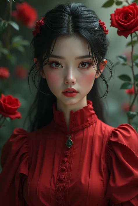 make a fantasy character inspired by roses, a cunning character, a closed shirt red