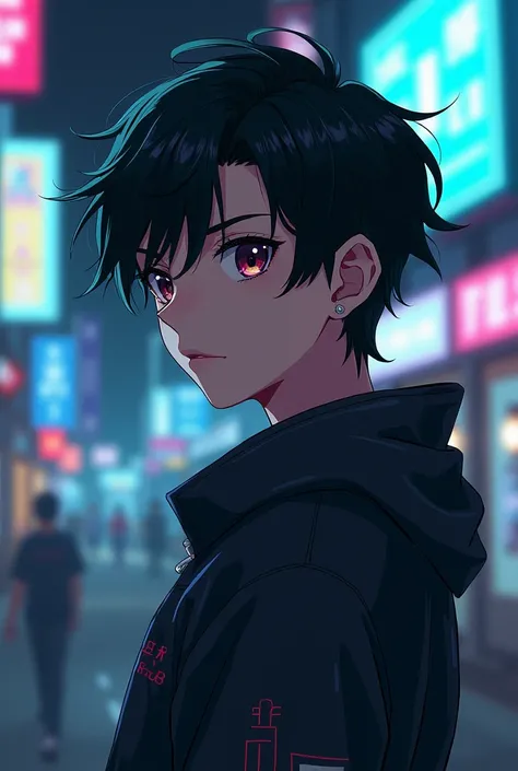 Anime boy, cyberpunk, in room, from head to waist ,boy, logo, black hair, looking smart, for dp,
Young,mature