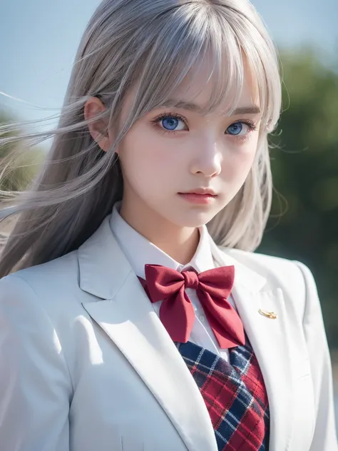 Her long silver hair flutters gracefully in the wind、Detailed close-up image of a young anime girl. The characters are large, Bright blue eyes with a strong yet calm expression. She wears a detailed uniform, White shirt with red bowtie, A dark blazer with ...