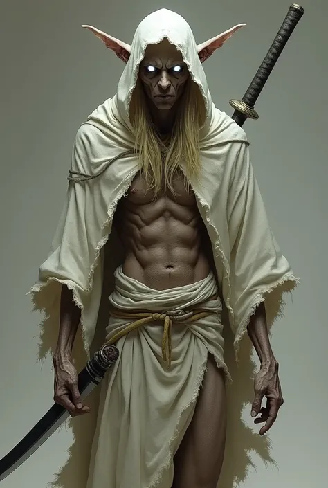 Mummified male elf wearing a white hooded robe from which his ears spill out, He wields a katana and in place of his eyes there are two small, discreet, almost imperceptible, luminous white orbs. Your skin is wrinkled and your belly muscles that also appea...