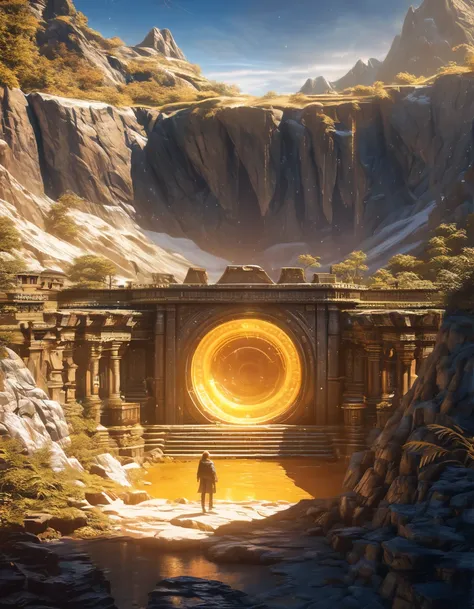 a mysterious and vibrant golden portal on the side of an ancient mountain, several people standing around it, setting up a research camp, detailed ancient architecture, glowing magical portal, mysterious atmosphere, golden light, detailed landscape, lush v...