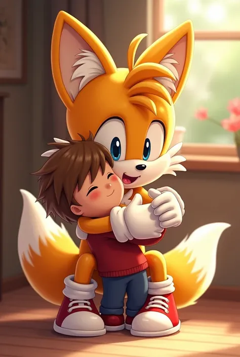 Tails hugging young boy with his shoes and gloves on cute 