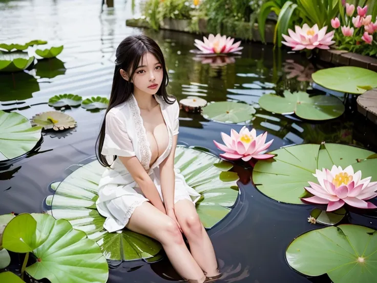 There is a girl sitting on a leaf, (white clothes), fresh color scheme, there is a plush toy, Guvez style artwork, popular on cgstation, illustrated by Li Song, soft anime, lying on a water lily mat, sitting on a lotus flower, cute and meticulous digital a...