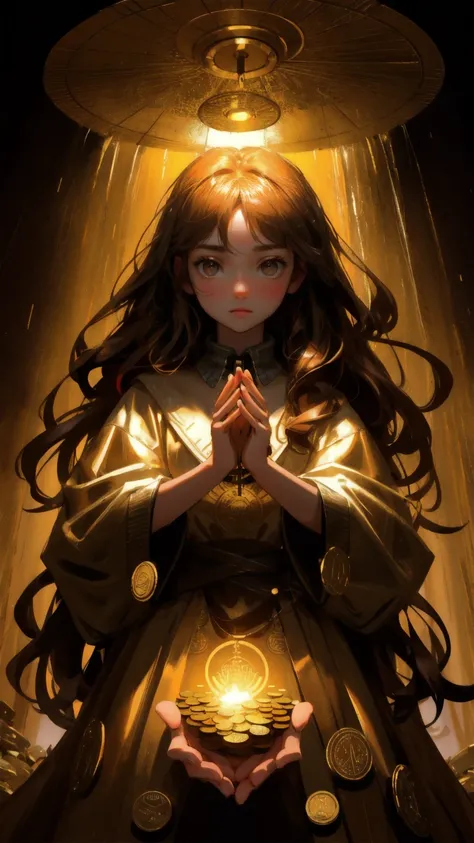 A cute, beautiful girl with a shocked and intense expression, standing in a dense forest with a brown background. The girl is surrounded by an overwhelming shower of golden coins and tokens, her hands reaching out in awe and desperation as the currency cas...