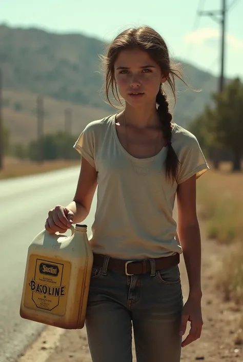 AN IMAGE WHERE A GIRL IS OFFERING GASOLINE FOR SALE WITH HER HAND SHOWING A GALLON OF GASOLINE 