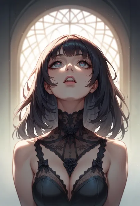 Masterpiece, best quality, high resolution, beautiful girl, Black sheer lace, beautiful eyes, detailed eyes, teeth, bangs, beautiful face, Gothic Lolita Fashion,　Looking up,　Mouth half open , dramatic lighting, deep shadows