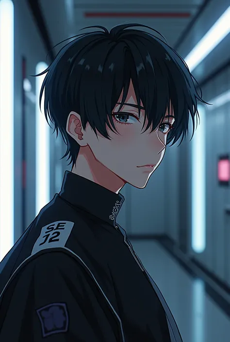 Anime boy, cyberpunk, in room, from head to waist ,boy, logo, black hair, looking smart, for dp,
Young, mature