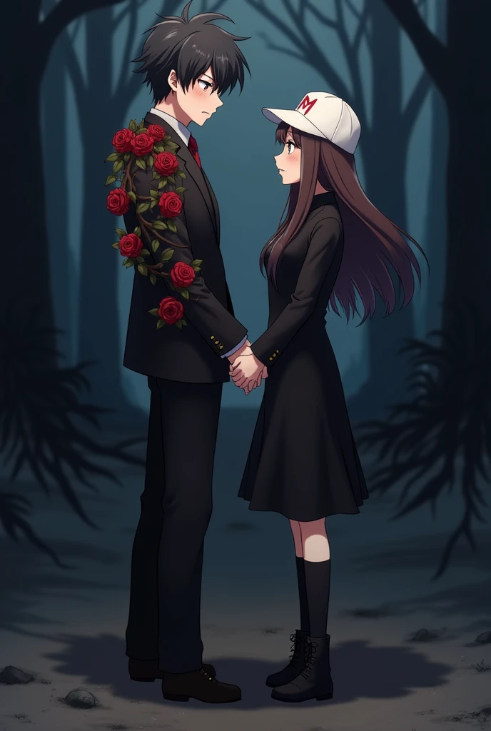 an anime man with black hair and dark maroon eyes and he is wearing a black suit with dark red rose vines twirling around his shoulders and he is wearing a white cap which has a M written on it in red and he is arguing with  and an anime woman with long mi...