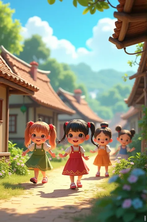 Young girls in village ai 3d image cartoon type 