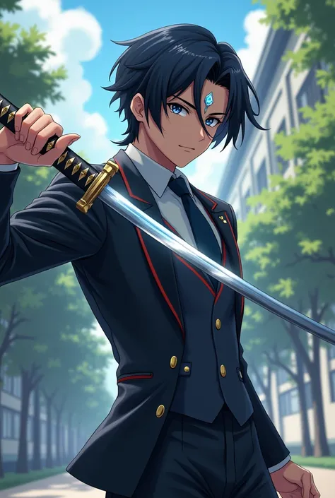 A Anime chracter with black middle hair and a gem on his forehead with a katana a collage boy