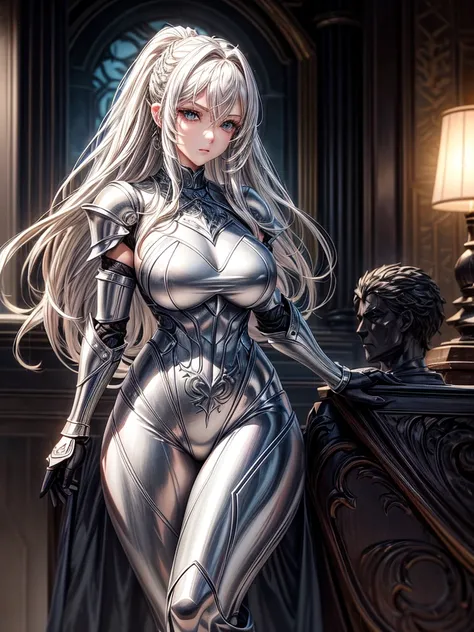 Create an image of a beautiful woman with light-colored hair, shown in a full-body view. She is wearing a metallic iron armor with a design that is highly detailed and somewhat sexualized, emphasizing her curves while still functioning as armor. The armor ...