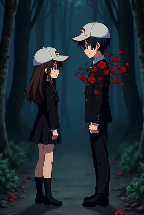 an anime man with black hair and dark maroon eyes and he is wearing a black suit with dark red rose vines twirling around his shoulders and he is wearing a white cap which has a M written on it in red and he is arguing with  and an anime woman with long mi...