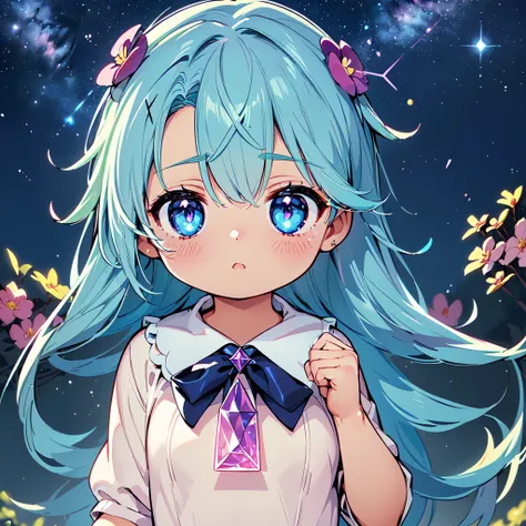 Cute characters、(((Highest quality、Masterpiece、Super detailed、S composition、X Composition、Triangular composition、Square Composition)))、Draw plumeria flower、I look up at the starry sky。Surround her with colorful nebulae and colorful forests。pink、light blue、...