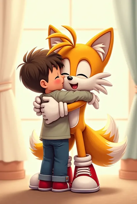 Tails hugging a younger boy with his shoes and gloves on  