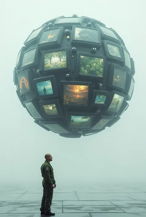 floating sphere full of technological screens each with different images, and a bald man dressed in modern military green overalls on the side and outside of that sphere looking at her 