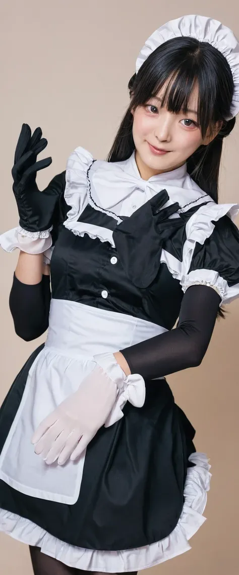  wearing a maid outfit。The maid outfit has a large opening at the chest.、The girl has small breasts。Her eyes are covered with a black cloth and she is wearing opera gloves.、Hands clasped in front。