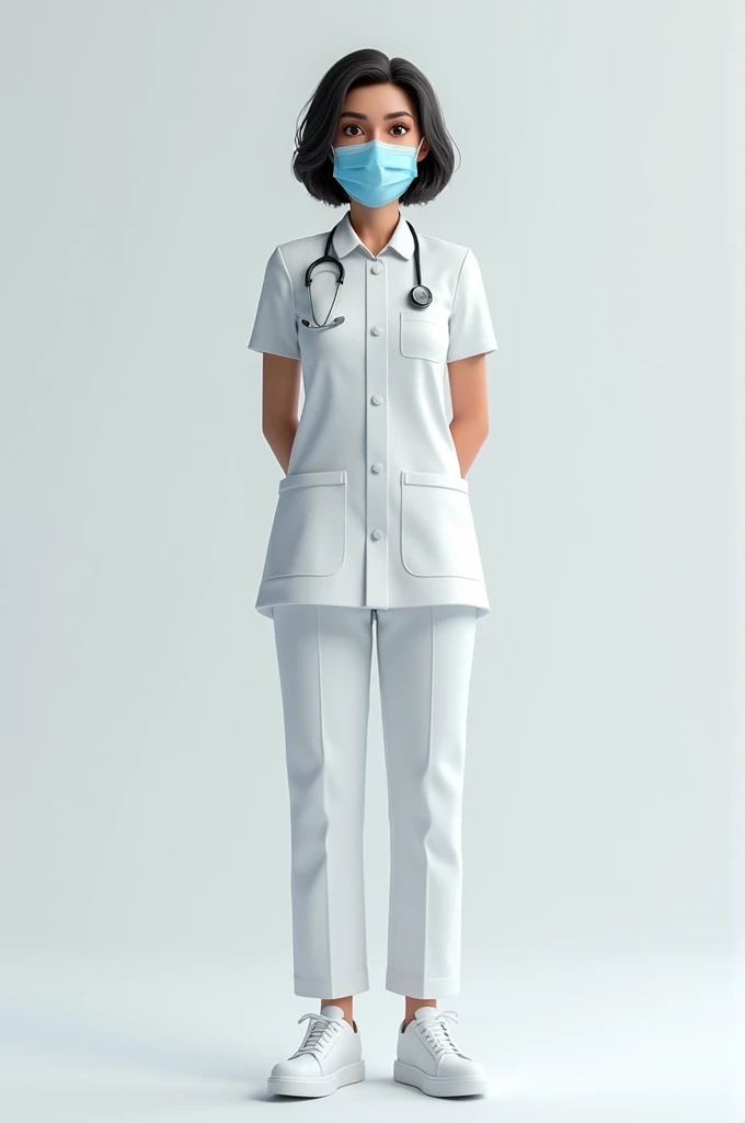 A 3D render of an 1 nurse named Shifa Rahman with certainty. She is wearing a white uniform and a blue mask. She is standing in a hospital setting with a white background.