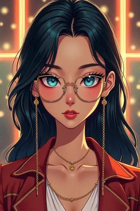 Manhwa Style, A beautiful, modern, rich, totally luxurious girl with blue eyes and gold glasses with chains, with the face of a spoiled brat.