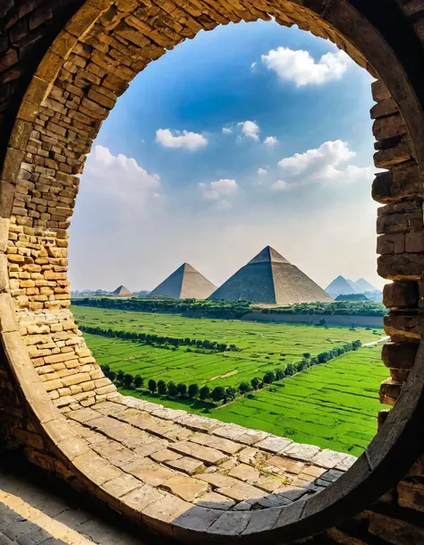 Make me a landscape that can be seen from a round window , as if it were a road that runs through the 7 wonders of the world, the chinese wall, the pyramids etc.