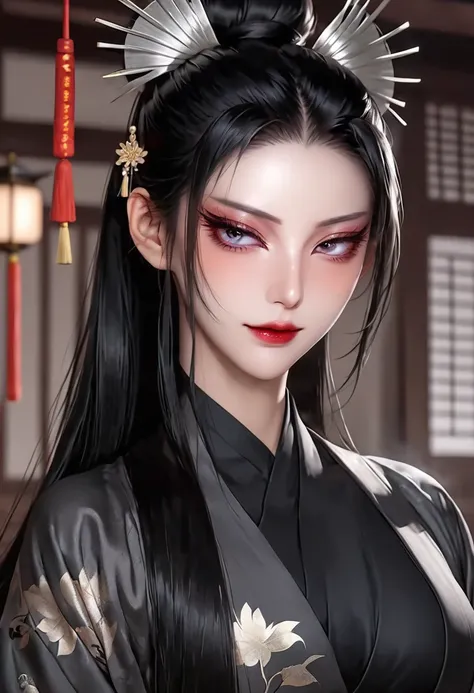 1 woman，sexy，long black hair，high ponytail，shiny hair，skin details，beautiful face，Exquisite makeup，exquisite eyes，eye details，dark eyeshadow,villain，Plain Hanfu，shoulder，arm