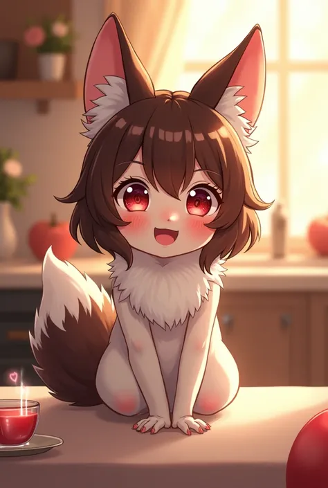 best quality,best resolution,(fluffy anthro furry :1.6),(young :1.6),fox girl,dark brown long hair,wavy hair,messy hair,small breasts,white fur,white body fur,white fox tail,glasses,naked apron,beautiful kitchen,romantic light,looking at viewer,surprise fa...