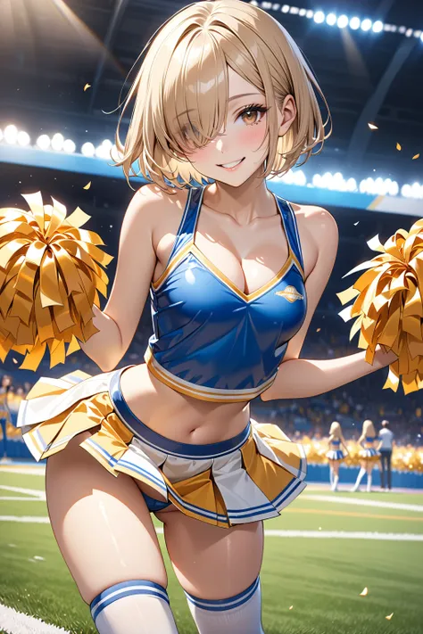 masterpiece,highest quality,32K,ultra detailed,young woman,light brown eyes,light makeup, flat chest,cleavage,fair skin,shiny skin,happy smile,silky hair,hair over one eye,pixie cut,straight hair,beige hair,cheerleader costume,midriff peek,thigh-high socks...