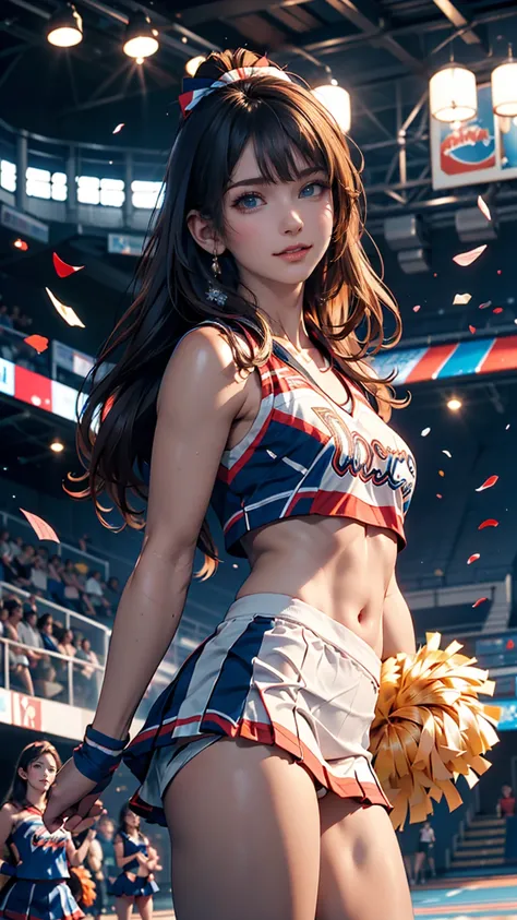 Cheerleader,A small smile,cheer leading,Cheerleader uniform, (((masterpiece))), (((Highest quality))), ((Very detailed)), (figure), ((Very delicate and beautiful)),(Bokeh,Blurred Background),(Best Shadow), One person,White panties, Black Hair, Long Hair, c...