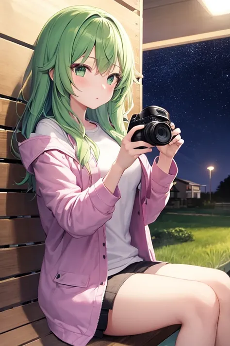 Seems nice and mysterious、A high school-aged girl with long, fluffy bluish-green hair and eyes the same color as her hair.、Wearing a pink summer coat over a white shirt、Carrying a large digital camera diagonally across the shoulder、Sitting on a bench at a ...