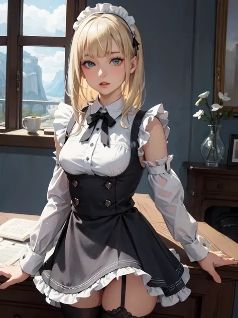 1lady, solo, young girl, , straight blonde hair, blunt bangs, Blue eyes, (Cold look), (masterpiece, best quality:1.2) delicate illustration, ultra-detailed, medium breasts, ((upper body)), (Mini skirt maid outfit), living room、A sharp expression、Maid cloth...