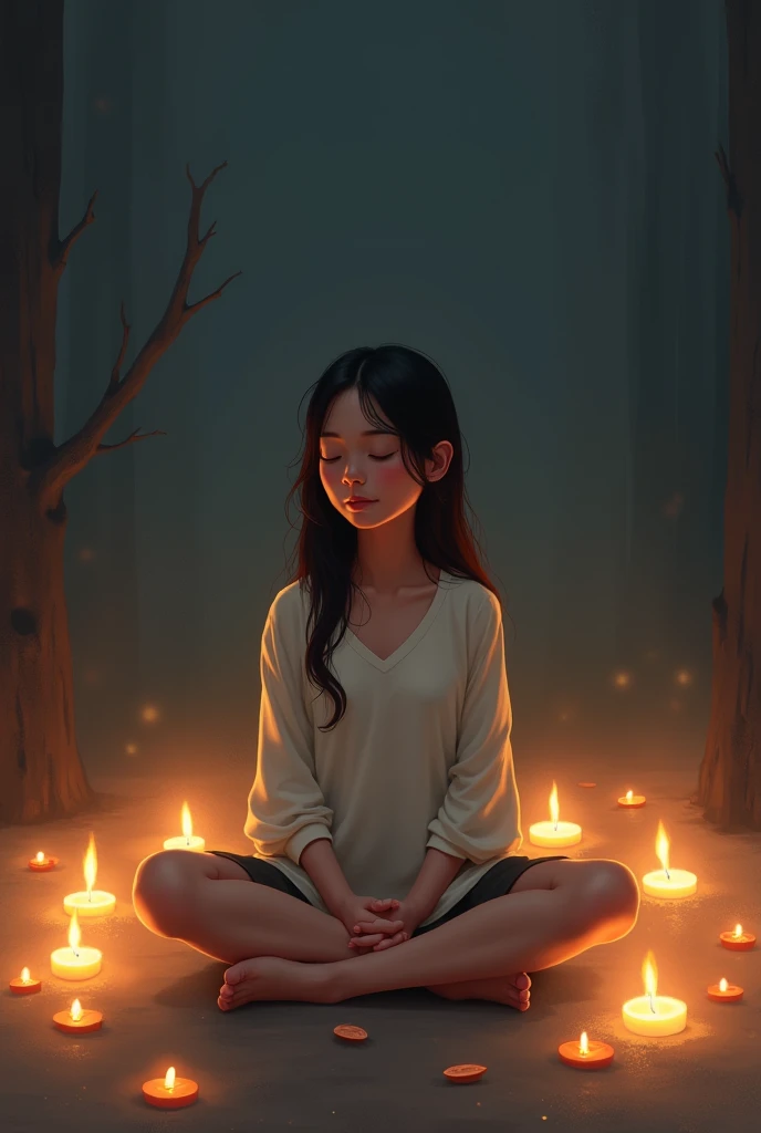 - A person meditating or praying (young adult)
    - Surrounded by candles_ , with a subtle glow
    - Soft colors, with a subtle sense of calm