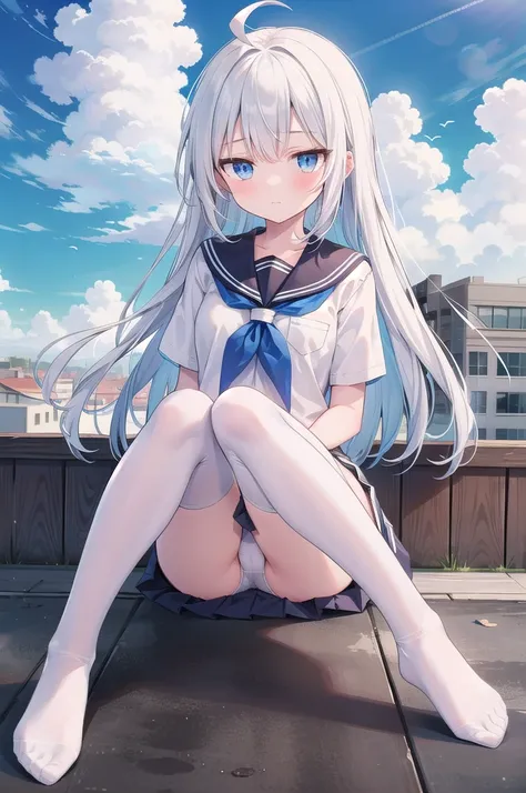 (masterpiece, best quality), a girl, solo, skirt, sky, sitting, serafuku, cloud, outdoors, neckerchief, day, shirt, ahoge, rooftop, long hair, white pantyhose,white hair, white school uniform, white sailor collar, blue eyes, sailor collar, white skirt, whi...